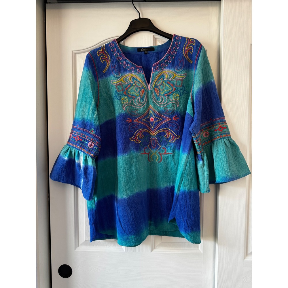 Embroidered Tunic Top Blue Teal Bell Sleeve Boho Beach Coastal Granny 1X Caleoas